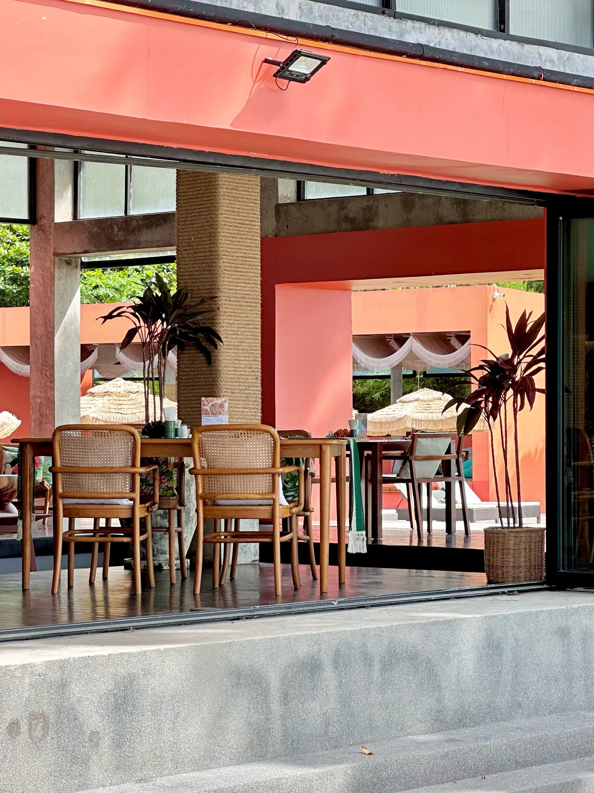 Interior view of a restaurant with wooden chairs and tables, large potted plants, coral-colored walls, and outdoor umbrellas visible through large open windows.