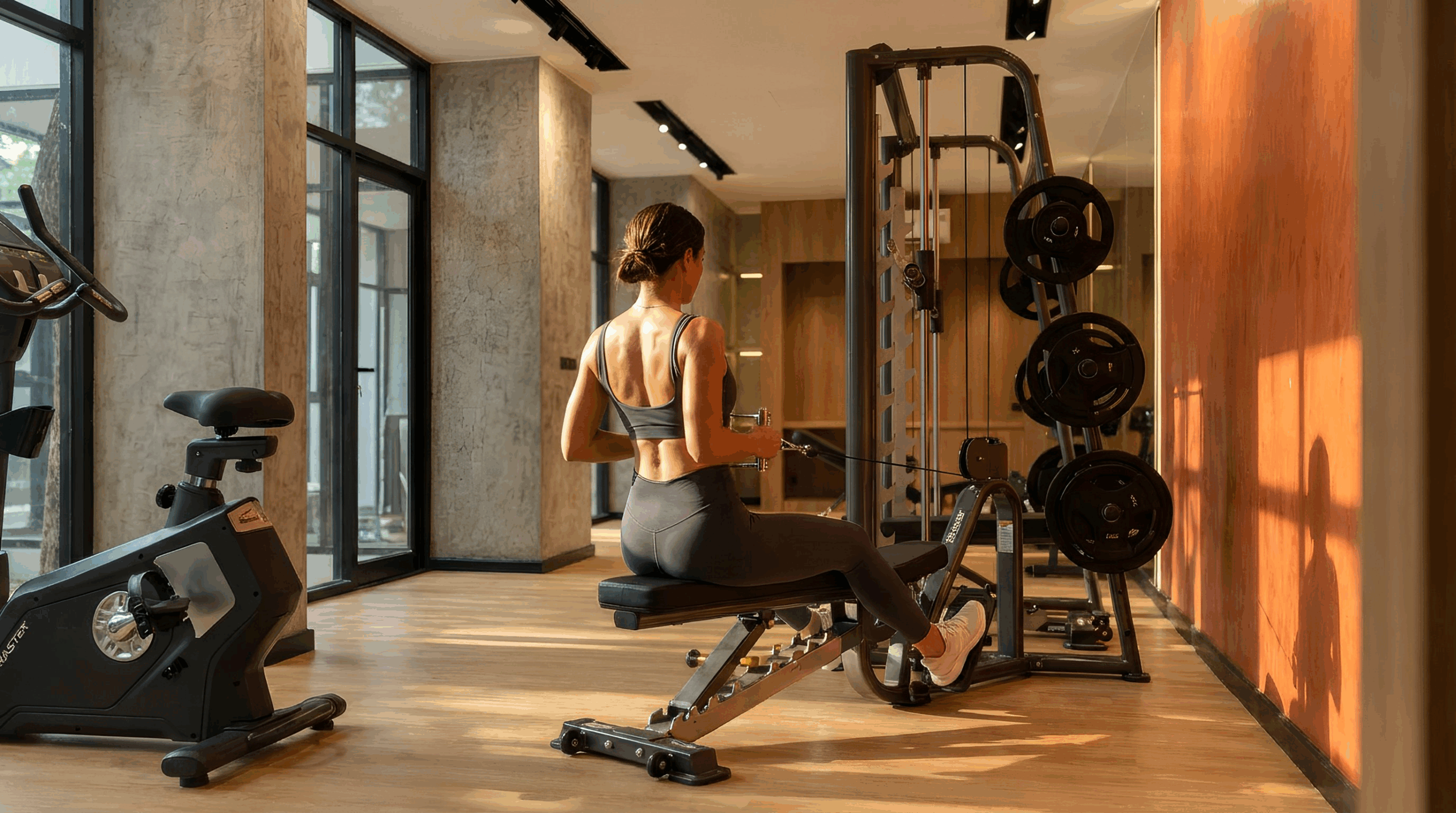 A woman working out with a cable machine in a gym, sitting on a bench and pulling the cable towards her.