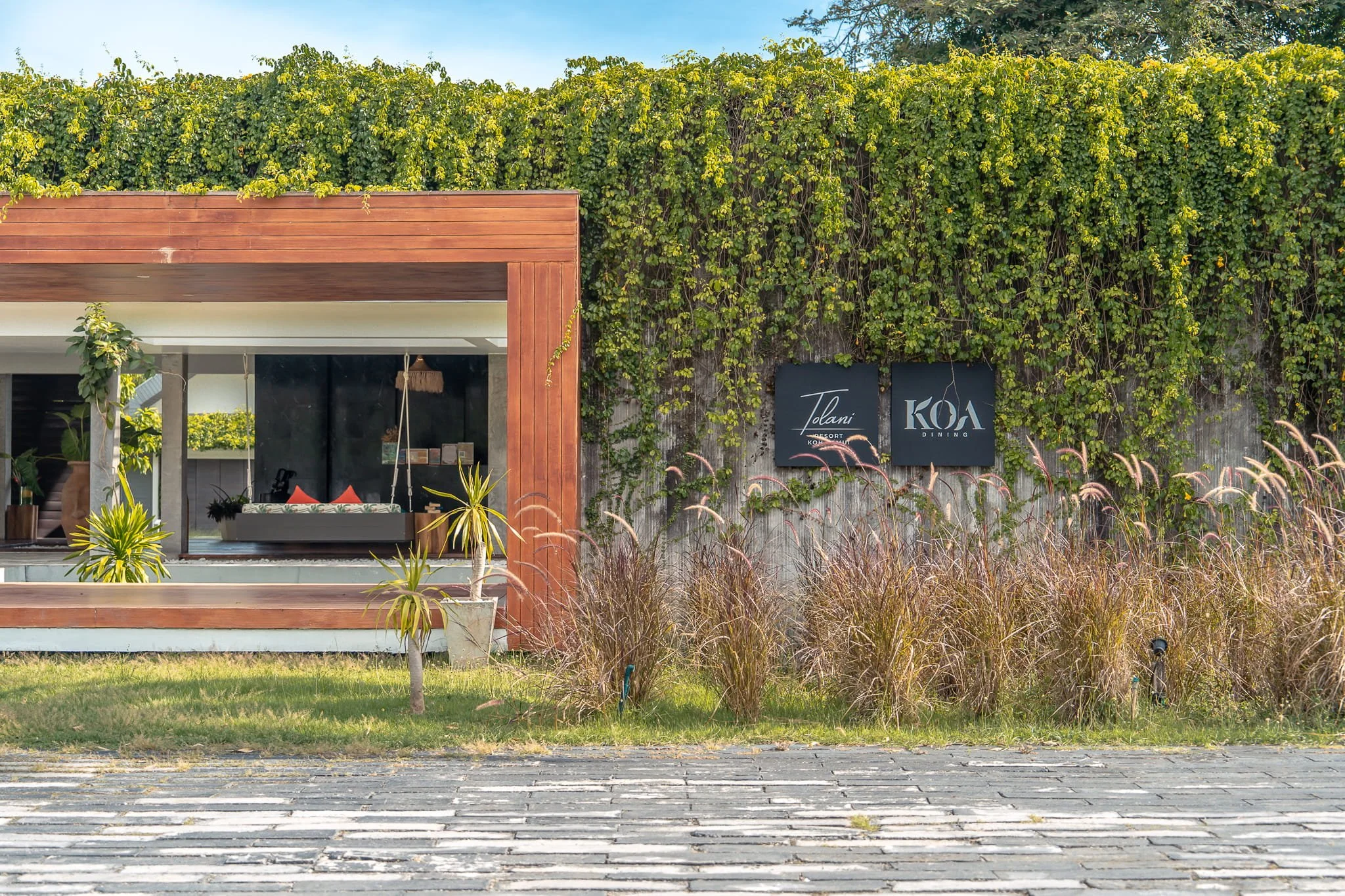 Lush green vine-covered wall with two black signs, one saying 'Tolani Resort' and the other 'KOA Dining', in front of a modern building with open windows, a hanging swing seat, and potted plants, all set on a brick-paved area.