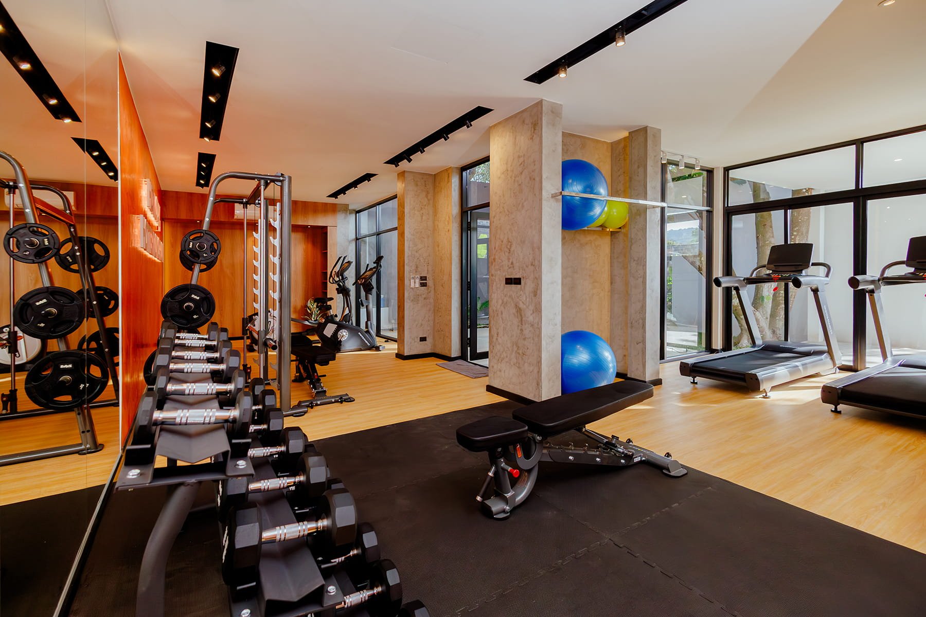 Modern gym with free weights, treadmills, exercise bikes, a workout bench, and exercise balls, featuring large windows and wooden floors.