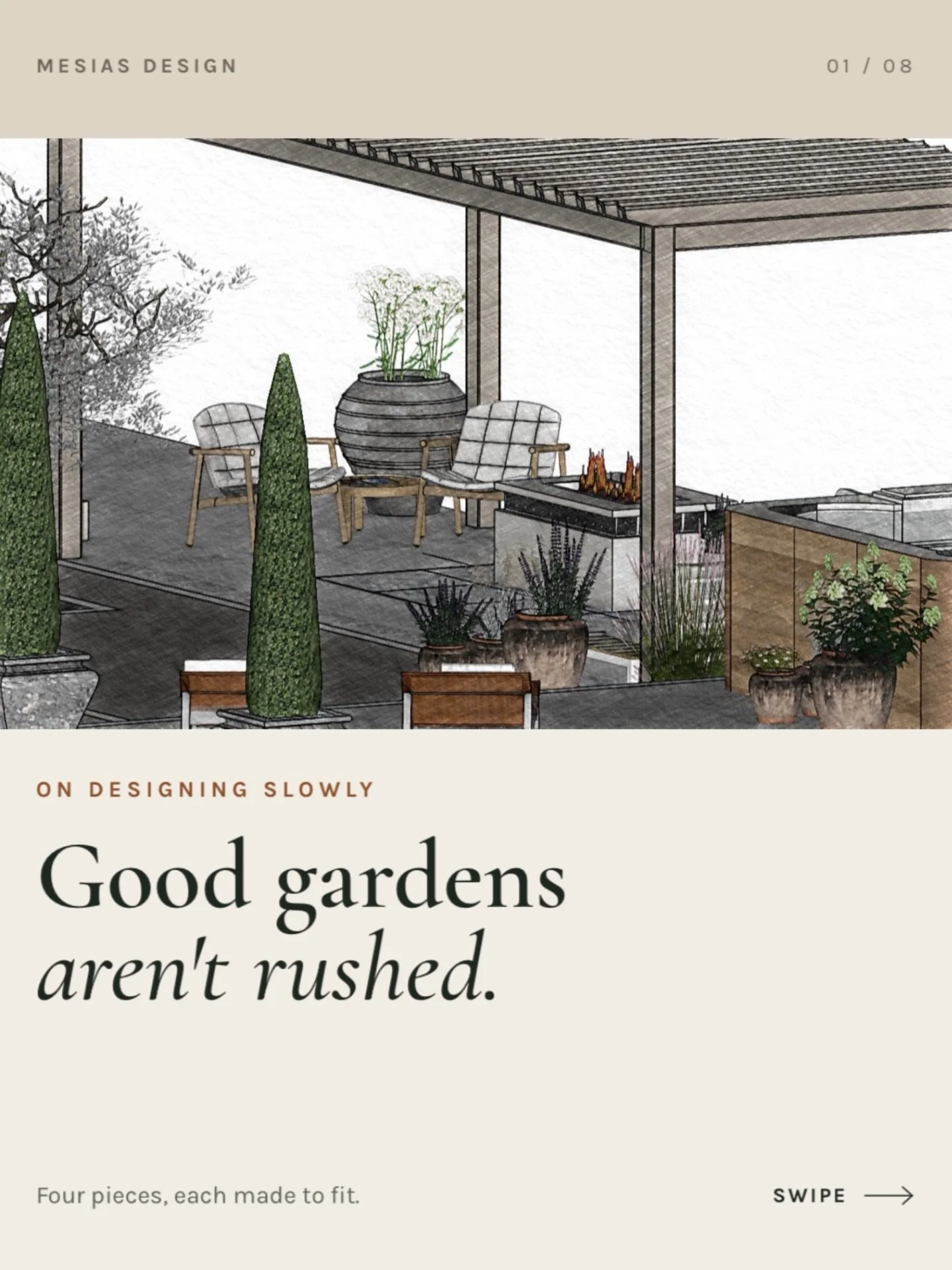 1️⃣ A sandblasted oak pergola, designed to fit its space exactly. Arriving tomorrow, so watch this space for the install 👀
2️⃣ An aluminium pergola finished in a RAL colour the client chose themselves
3️⃣ A bespoke water feature, made for this garde