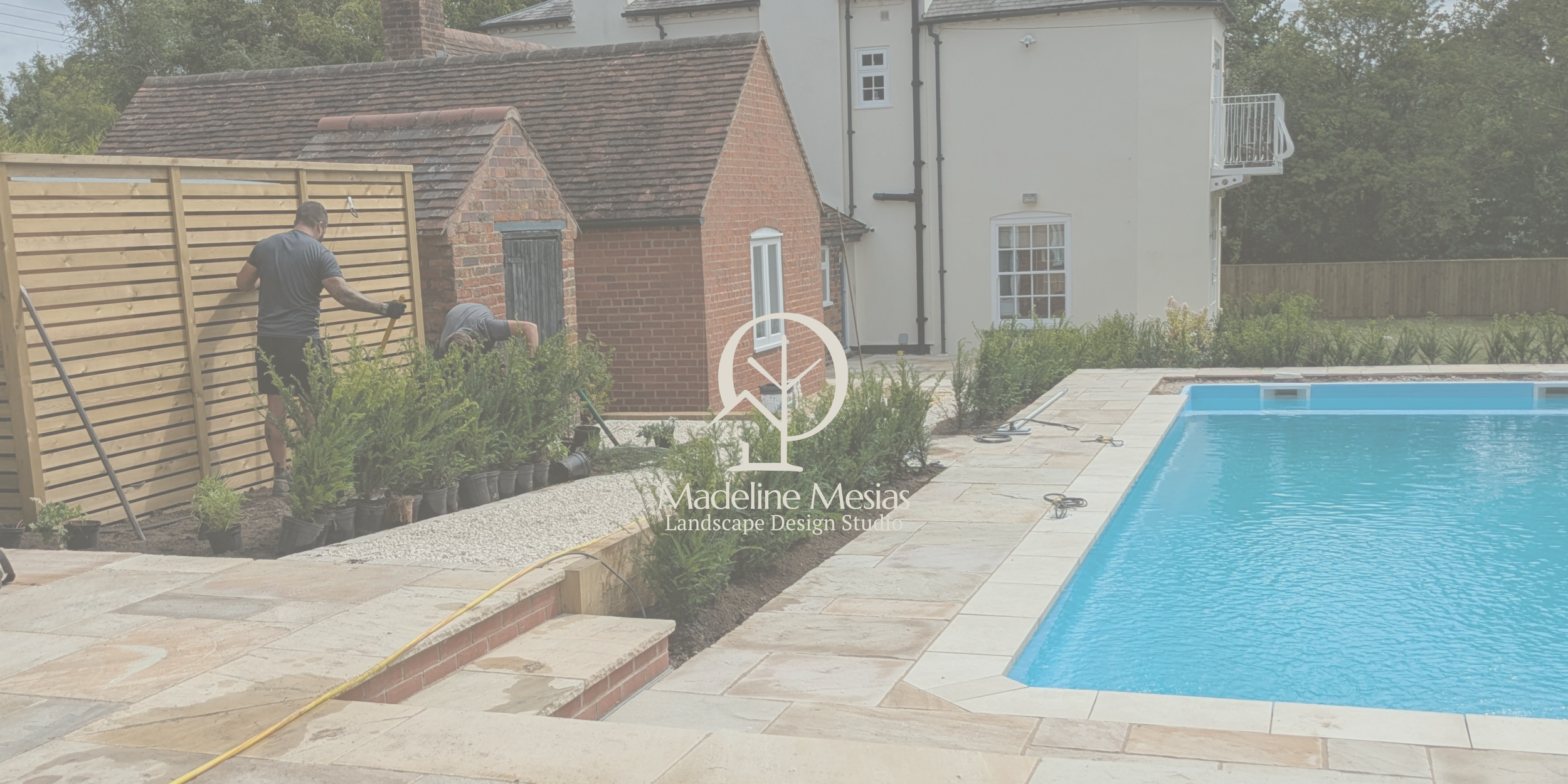 Workers installing a garden fence near a swimming pool, with potted plants and eco-friendly landscaping.
