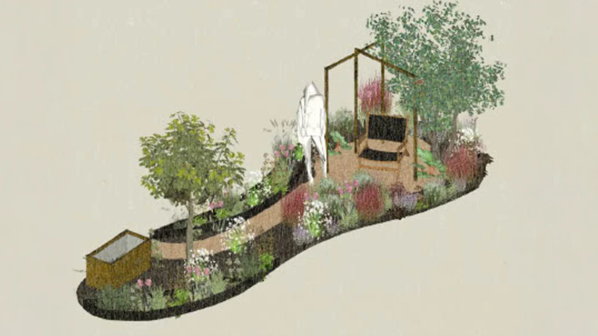 A garden scene with trees, shrubs, flowering plants, a pathway, a garden shed, and a seating area with a wooden bench and a pergola.