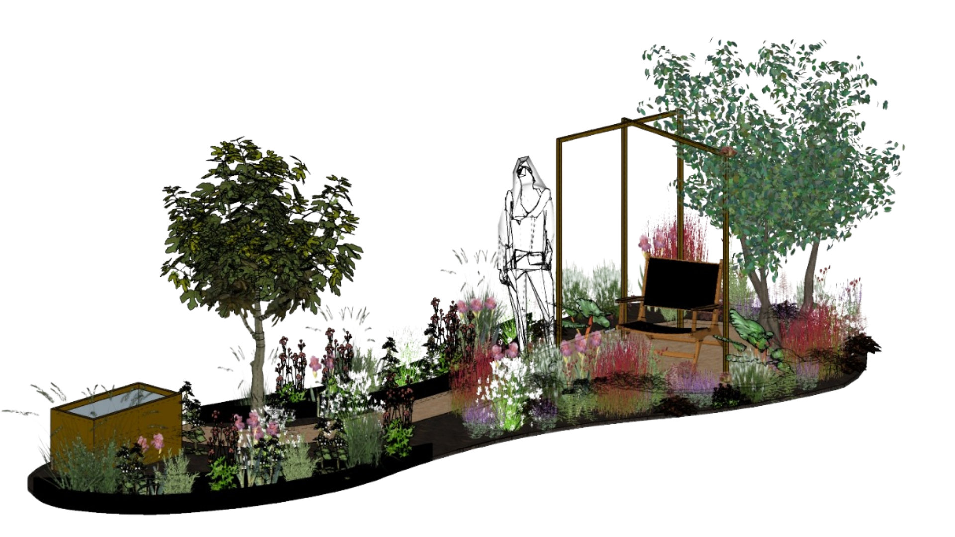 A garden design with two trees, various flowering plants, a small wooden structure, and a seating area with a writing or drawing sculpture and a partition.