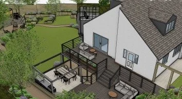 A bird's eye view of a house with a large outdoor multi-level deck, outdoor dining area, and surrounding garden.