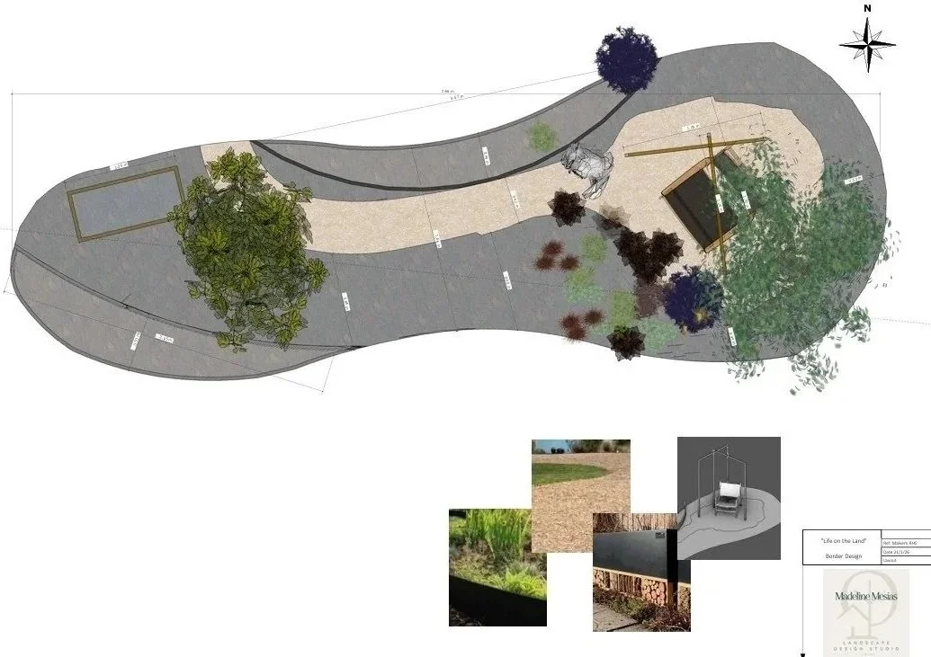 Landscape design plan featuring a curvilinear pathway, trees, and seating areas, with additional flora and material samples.