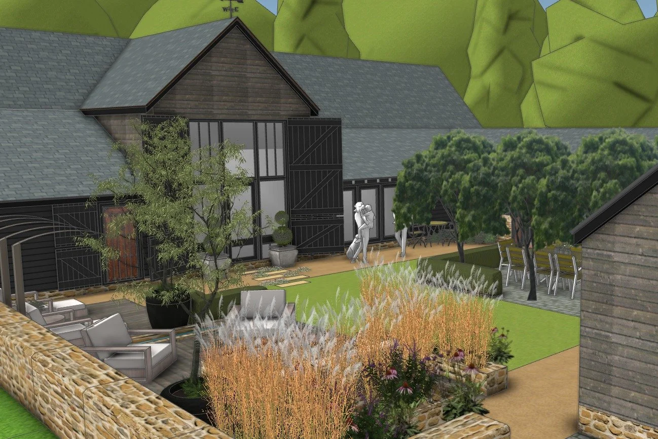 Rendering of a backyard garden featuring trees, outdoor furniture, and a patio, with animated sculptures of children playing near a black wooden building and surrounded by greenery.