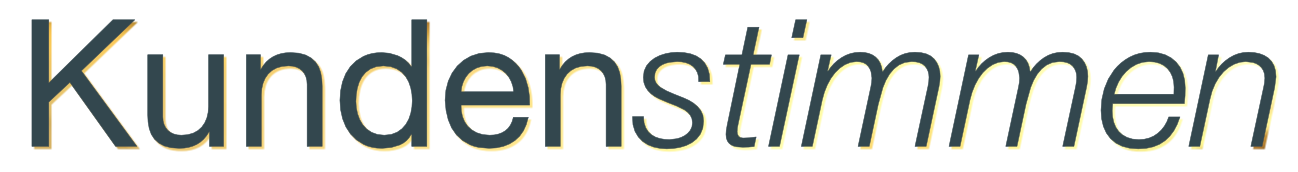 Titelbild mit dem Wort 'Kundestimmen' in großen, stilisierten Buchstaben auf einem gelben Hintergrund.