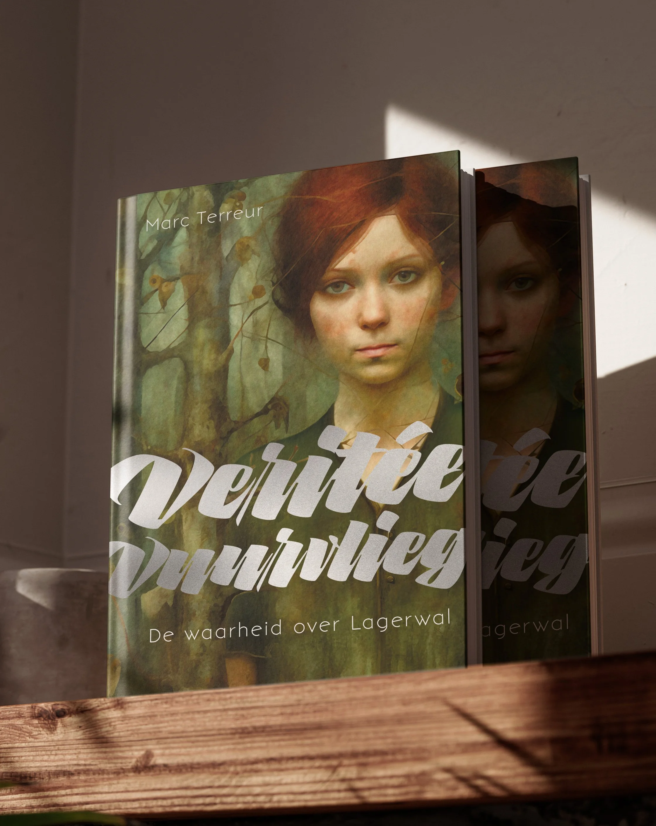 Boek met een vrouwelijk portret op de cover en de titel 'Vérité' in grote letters, ondertiteling 'De waarheid over Lagerwal', staan op een houten plank in het zonlicht.