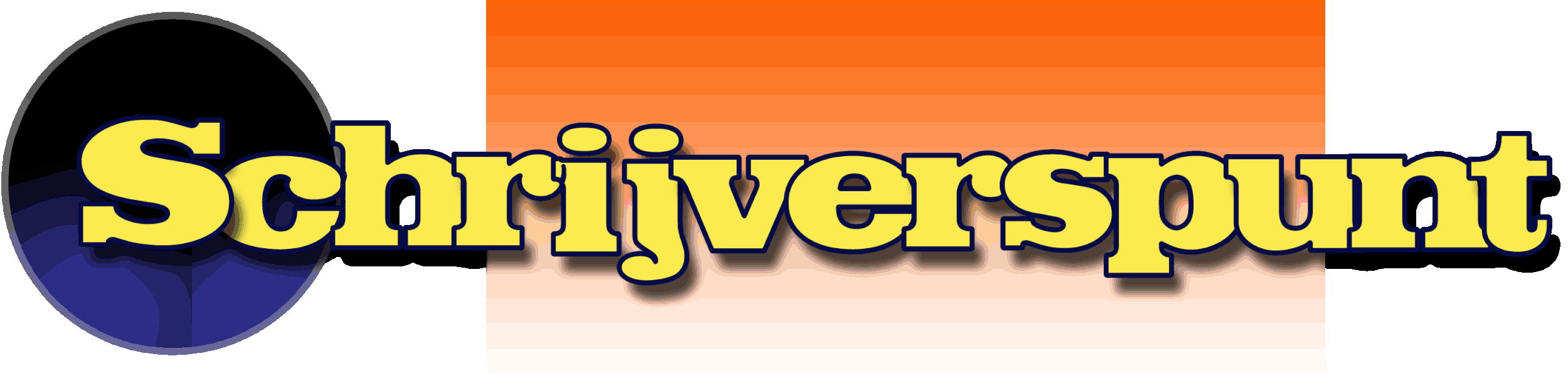 Logo met de tekst 'Schrijven' in grote gele letters met een blauwe schaduw, tegen een achtergrond met oranje en roze strepen.