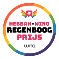 Logo van Hebban Wino Regenboog Prijs met kleurrijke rand en tekst