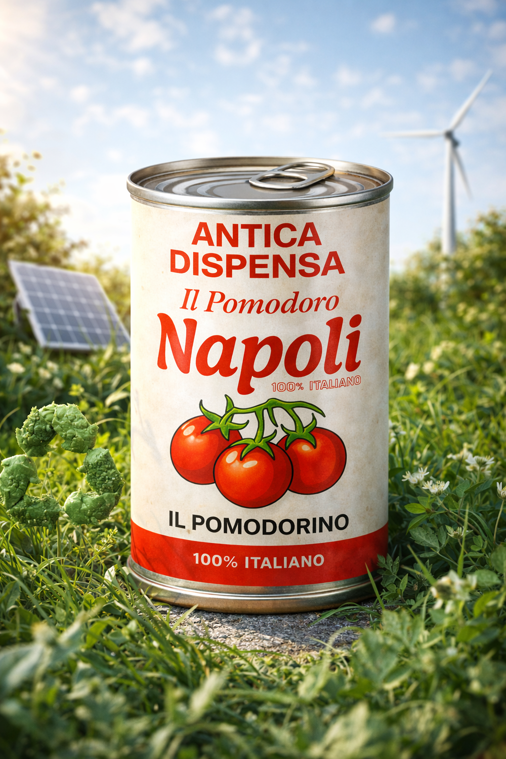 Barattolo di pomodori in scatola con etichetta che dice 'Antica Dispensa Il Pomodoro Napoli 100% Italiano', posato su erba con pannello solare e pannello eolico sullo sfondo.