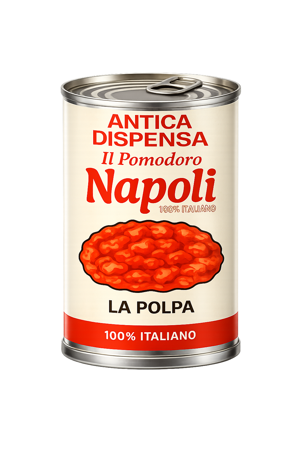 Scatola di pelati italiani con etichetta bianca, scritte rosse e immagine di salsa di pomodoro con pezzi di pomodoro.