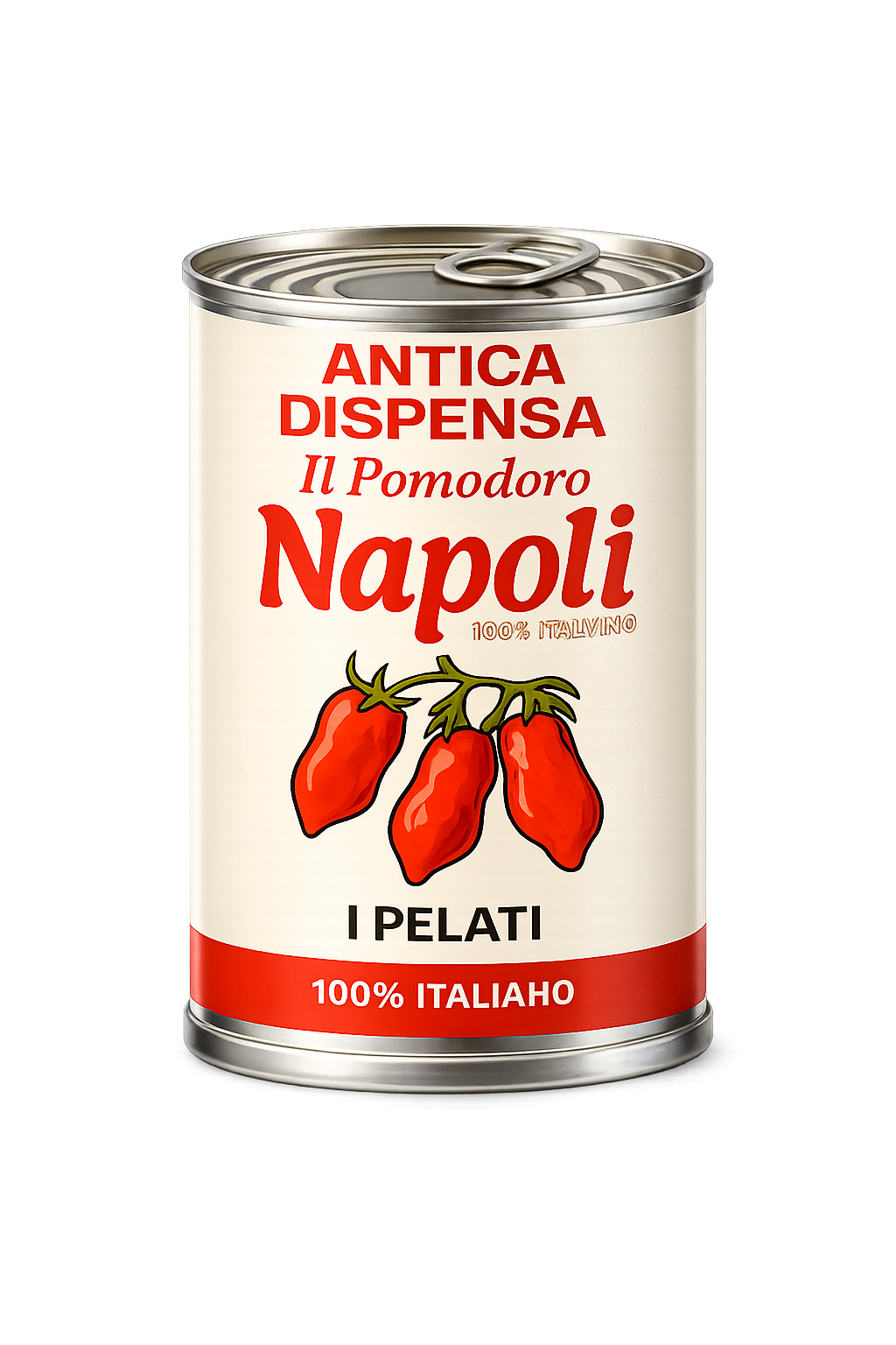 Conserva di pomodori pelati con etichetta italiana, marchio Antica Dispenssa, scritto in rosso, con disegno di tre pomodori pelati