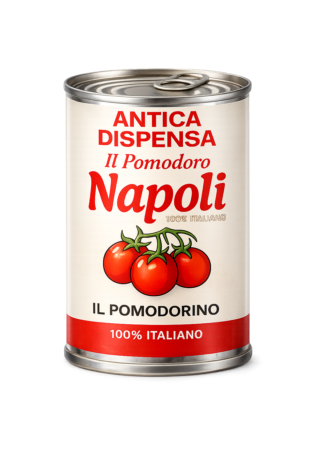 Conserva di pomodori napoletani con etichetta che indica 'Antica Dispensa', 'Il Pomodoro Napoli', '100% Italiano' e un'immagine di tre pomodori rossi.