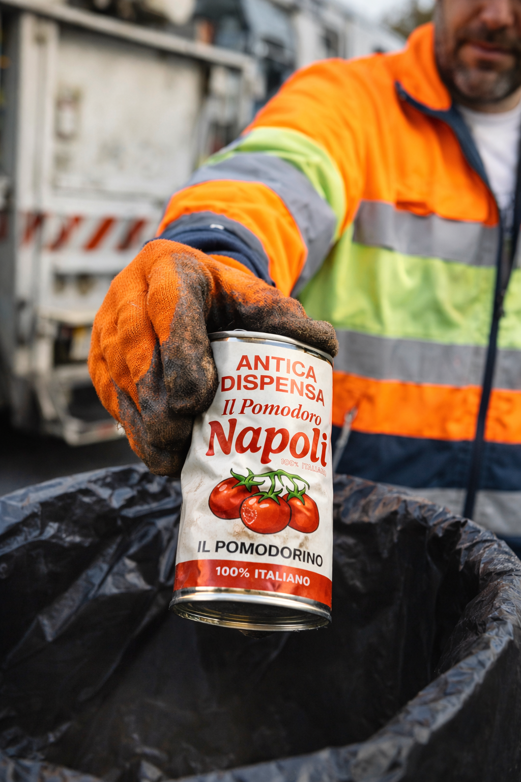 Persona che indossa guanti arancioni e un giubbotto da lavoro con bande riflettenti che tiene in mano una lattina di passata di pomodoro, con uno sfondo di veicoli e attrezzature di lavoro.