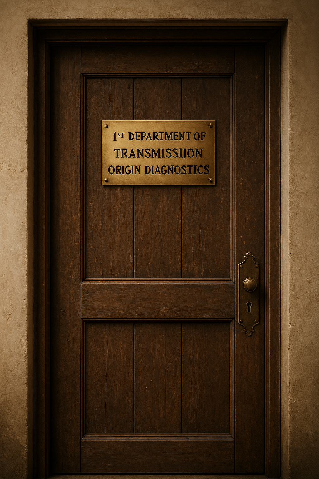 A wooden door with a brass sign that reads '1st Department of Transmission Origin Diagnostics'.