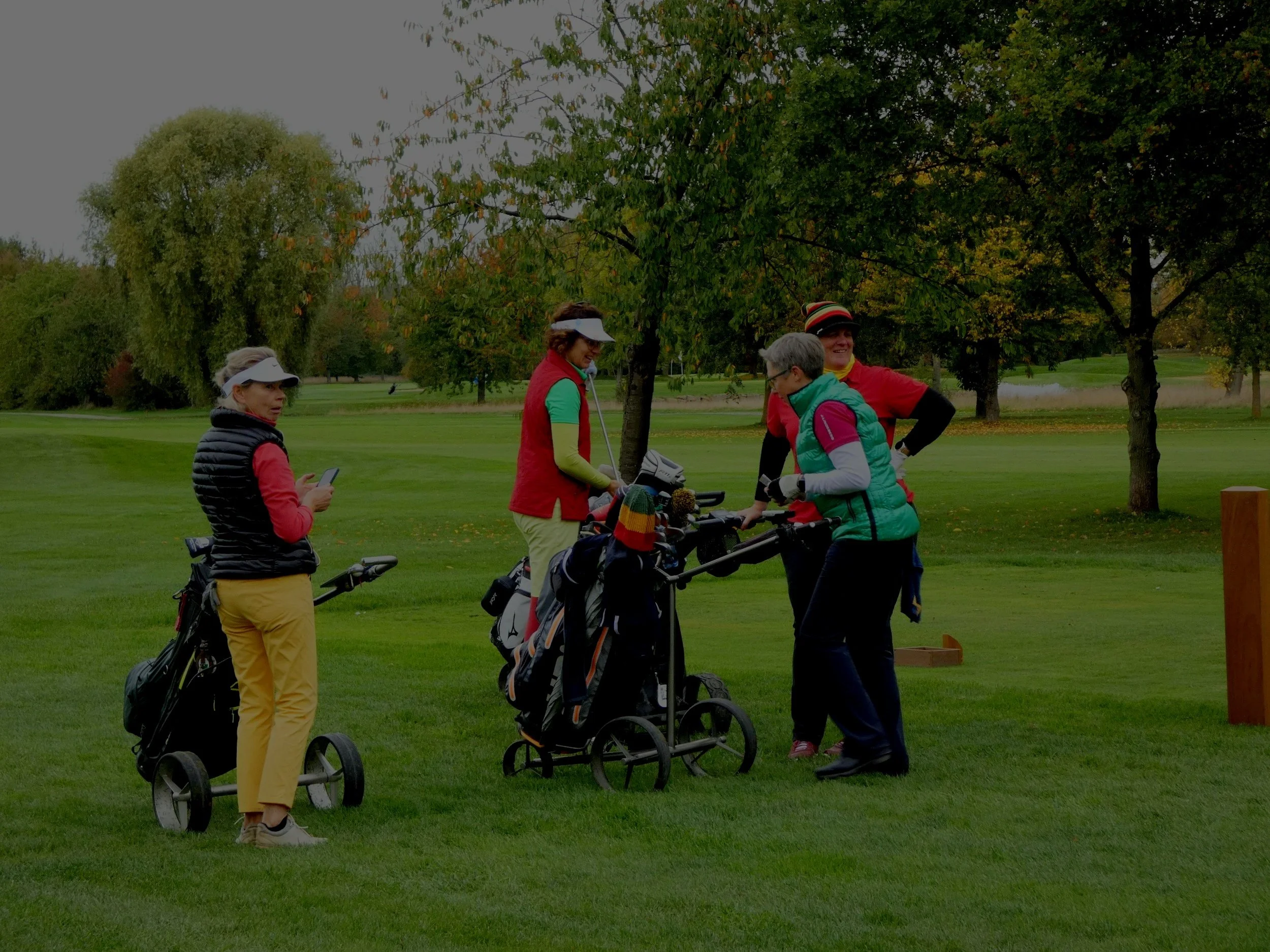 Four women standing on a golf course with golf carts and bags, dressed in colorful golf attire, talking and smiling among trees with green grass.