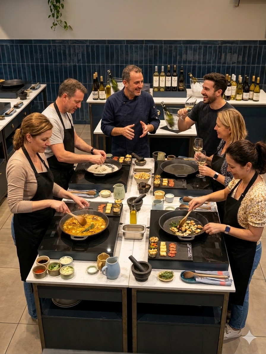 Taller de paellas en Madrid - Grupo cocinando con chef local - Club Wiwan Travel
