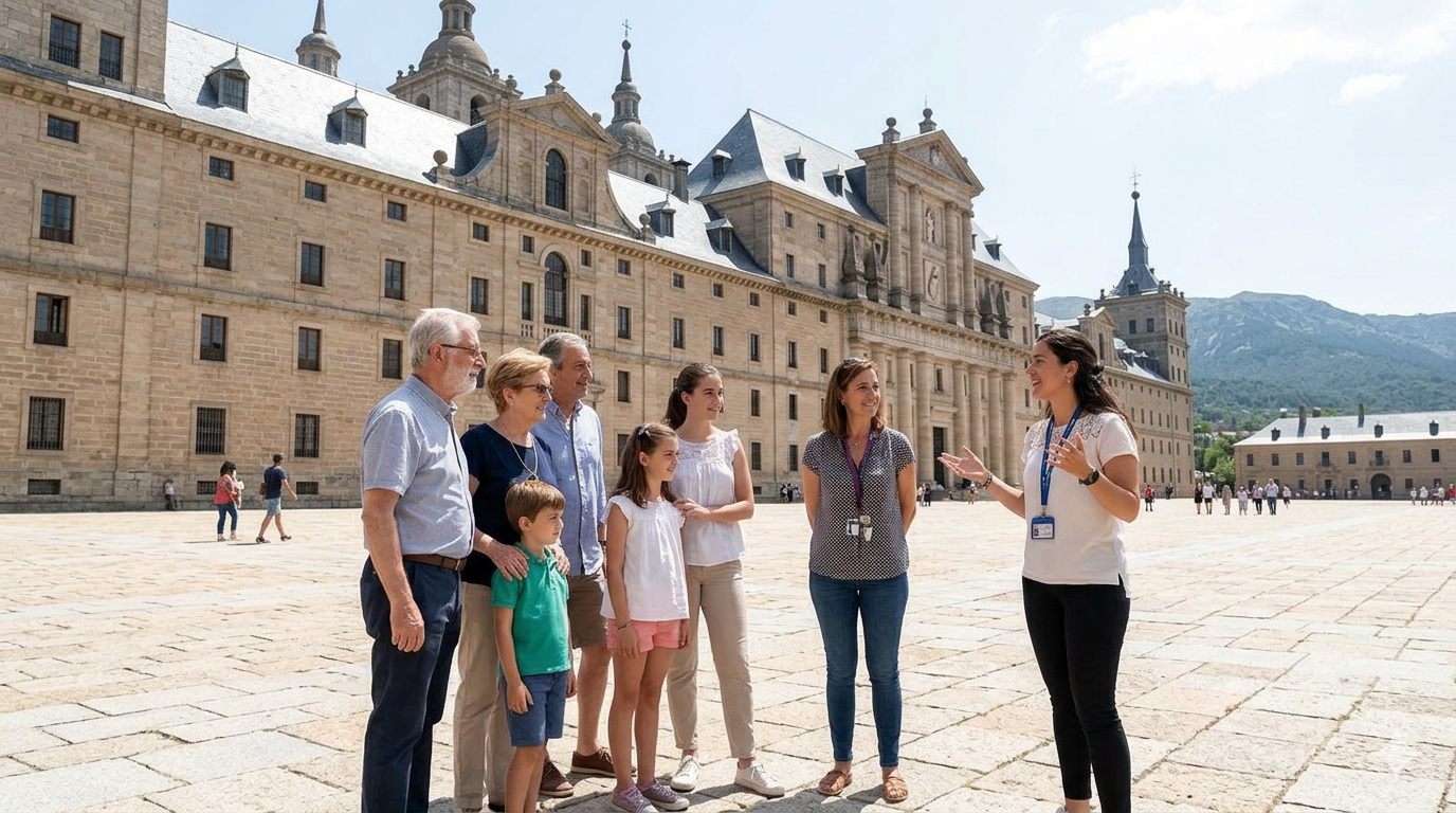 Grupo visitando el Monasterio de El Escorial con guía privado desde Madrid