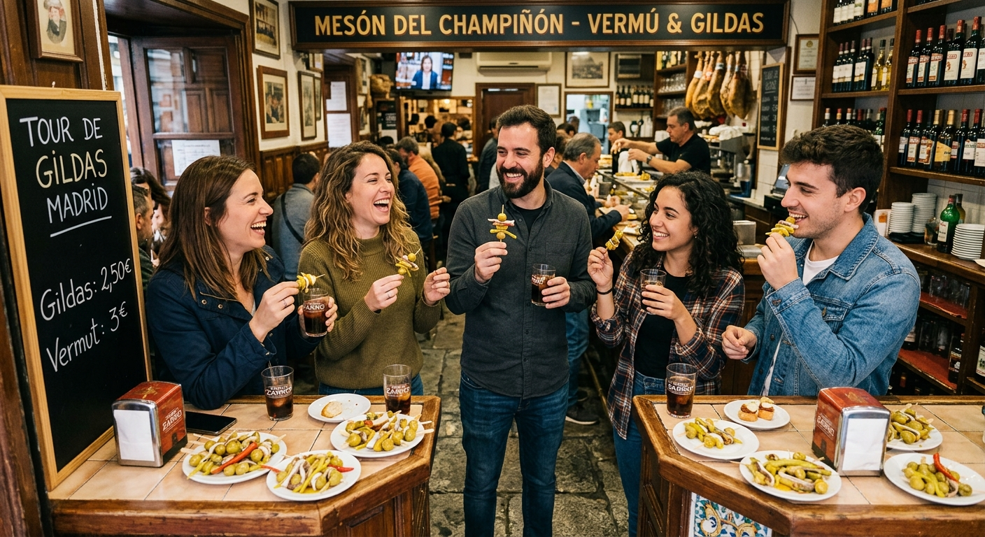 Gildas pintxos on a wooden board at a traditional bar in Madrid — olive, anchovy and guindilla pepper skewers served during the Gildas Tour