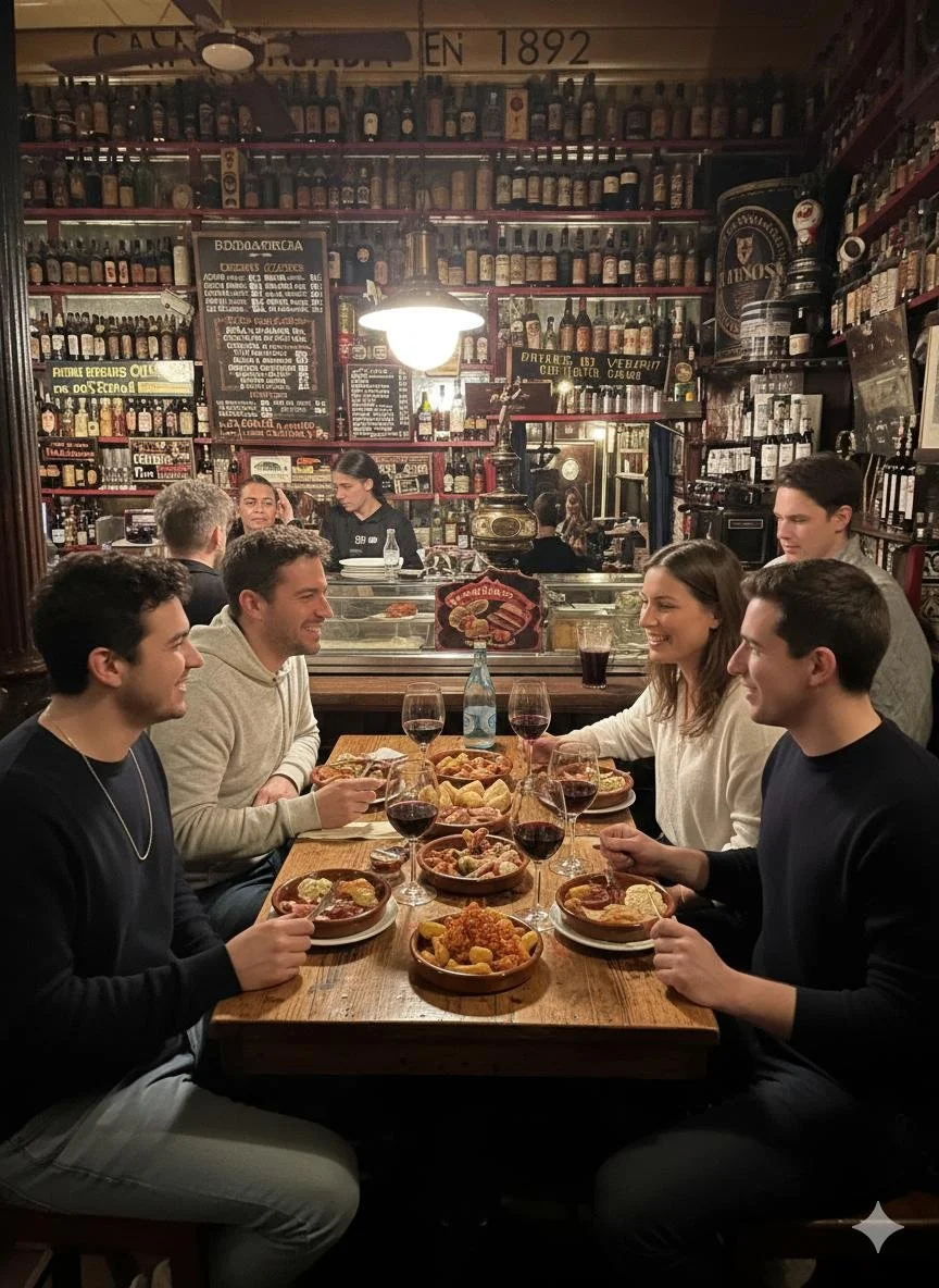 Tapas Tour Madrid - Grupo disfrutando tapas y bebidas en bar auténtico - Club Wiwan Travel