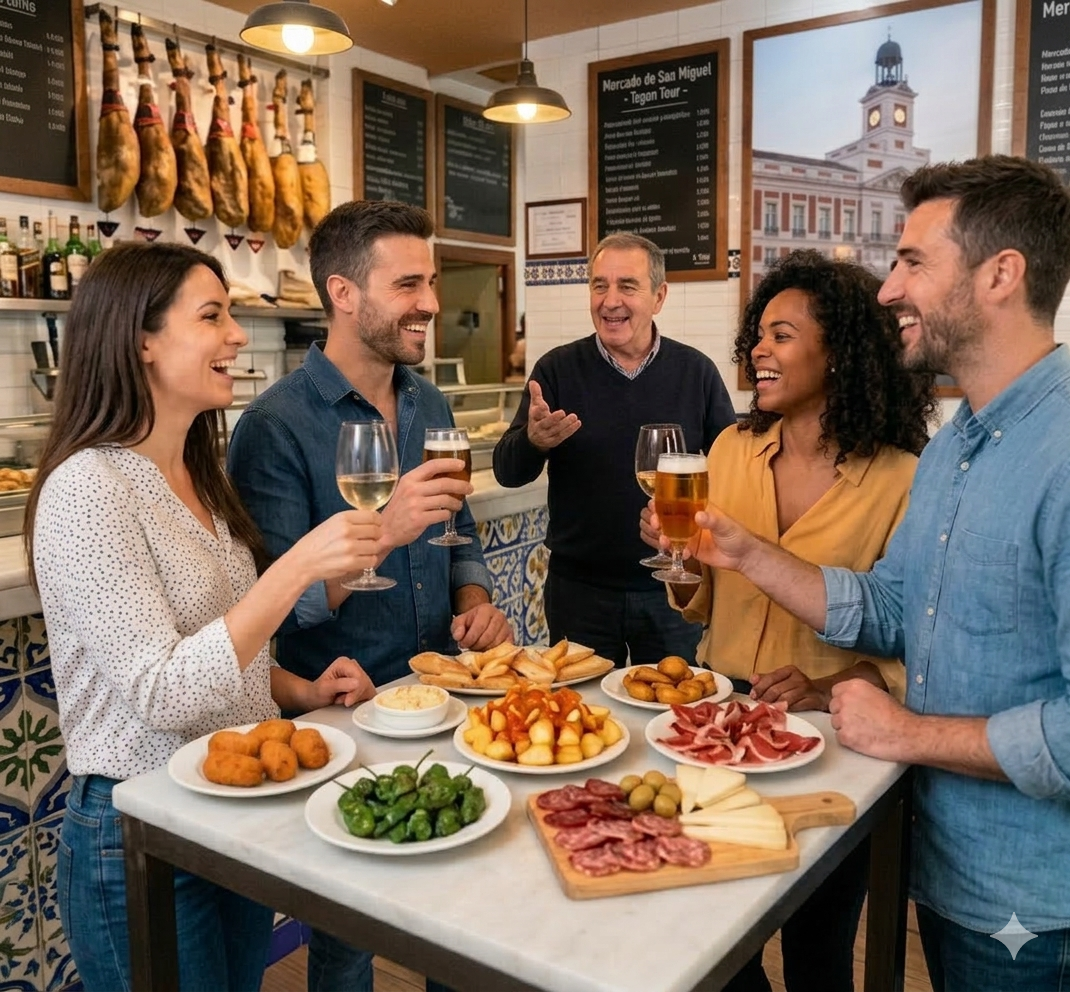 Tapas Tour Madrid - Grupo disfrutando tapas y bebidas en bar auténtico - Club Wiwan Travel