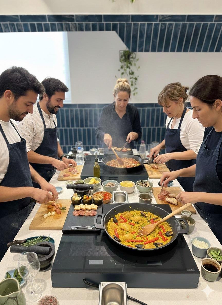 Taller de paellas en Madrid - Grupo cocinando con chef local - Club Wiwan Travel