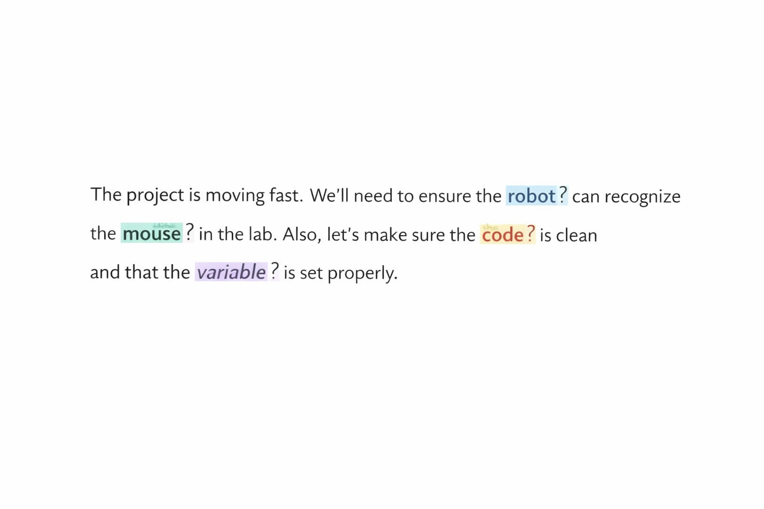 Text with highlighted words and questions about a project, a robot, a mouse, code, and a variable.