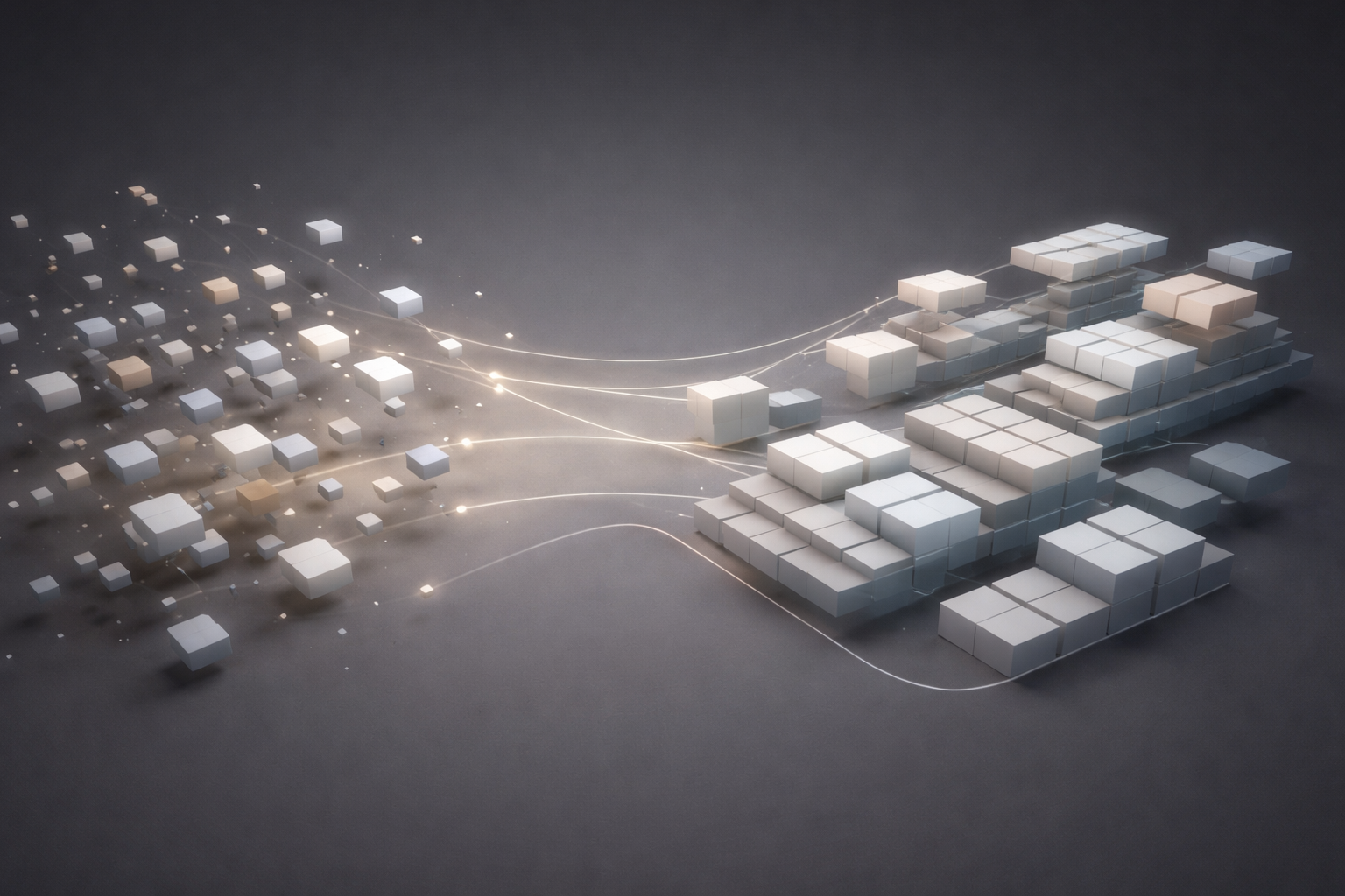 Digital illustration of data transfer, with small floating cubes connected by glowing lines to a larger, structured grid of cubes.