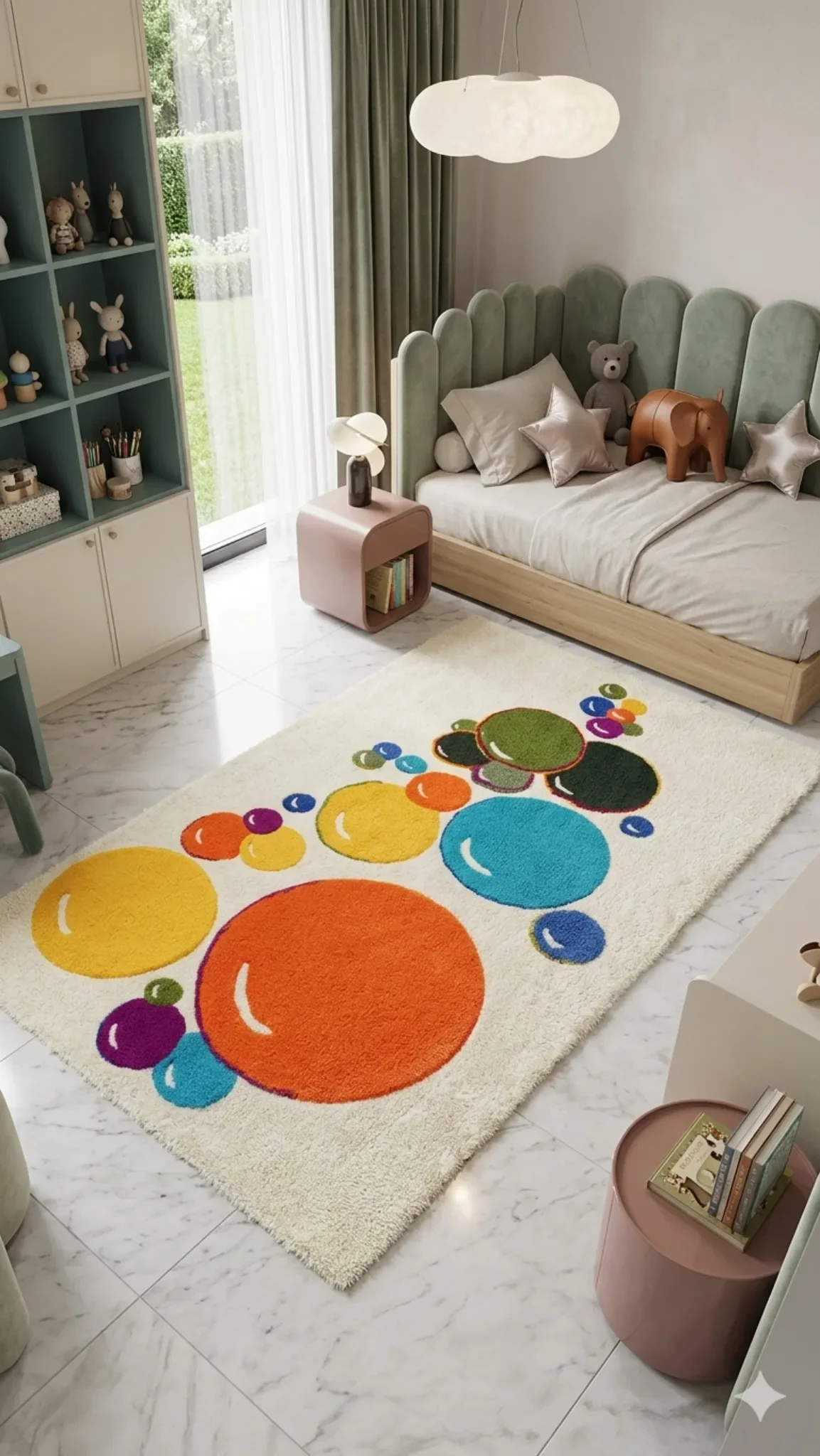 Tapis tufté coloré motif bulles pour chambre d’enfant, création artisanale moderne et décorative réalisée à la main.