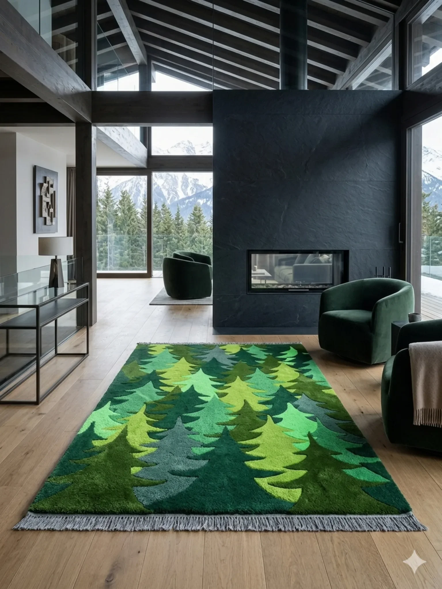 Tapis tufté artisanal motif sapins verts inspiré des paysages alpins et de la nature montagnarde, création textile haut de gamme réalisée à la main.