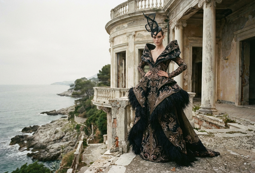 A woman in an elaborate, dark, ornate gown with feather details stands on the balcony of an old, abandoned, historic building overlooking the ocean and rocky coastline.