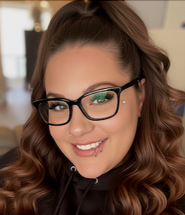 A woman with curly brown hair wearing glasses and a black hoodie, smiling indoors.