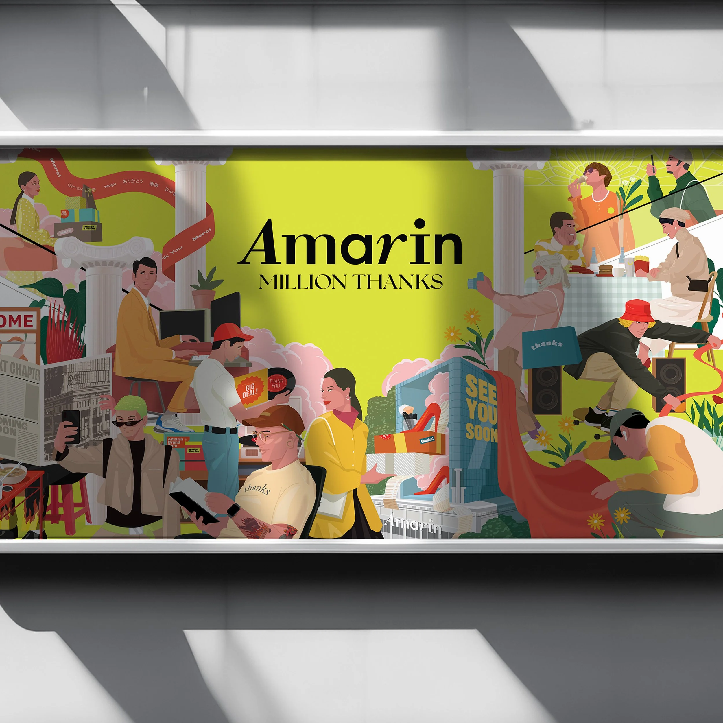 Illustration celebrating customer appreciation with diverse people engaging in various activities, including shopping, eating, and taking photos, with the central text 'Amarin Million Thanks' and colorful background elements.