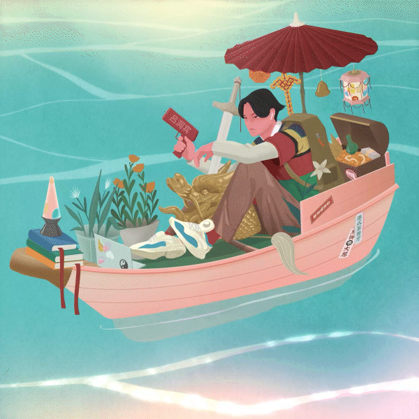 A person sitting in a pink boat floating on water, holding a red fan, with a red umbrella overhead, surrounded by various objects including plants, books, and traditional items.