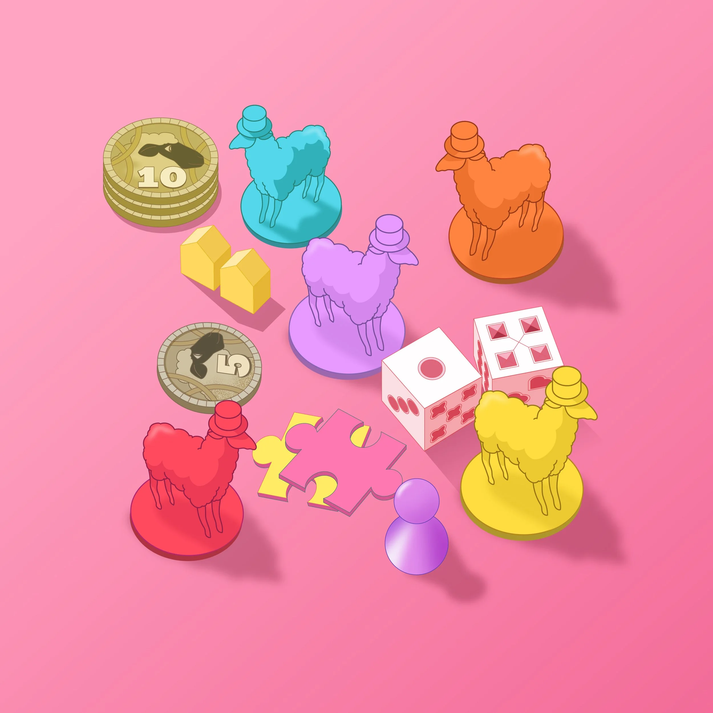 Colorful board game pieces, including six llama-shaped tokens, puzzle pieces, dice, and coins on a pink background.
