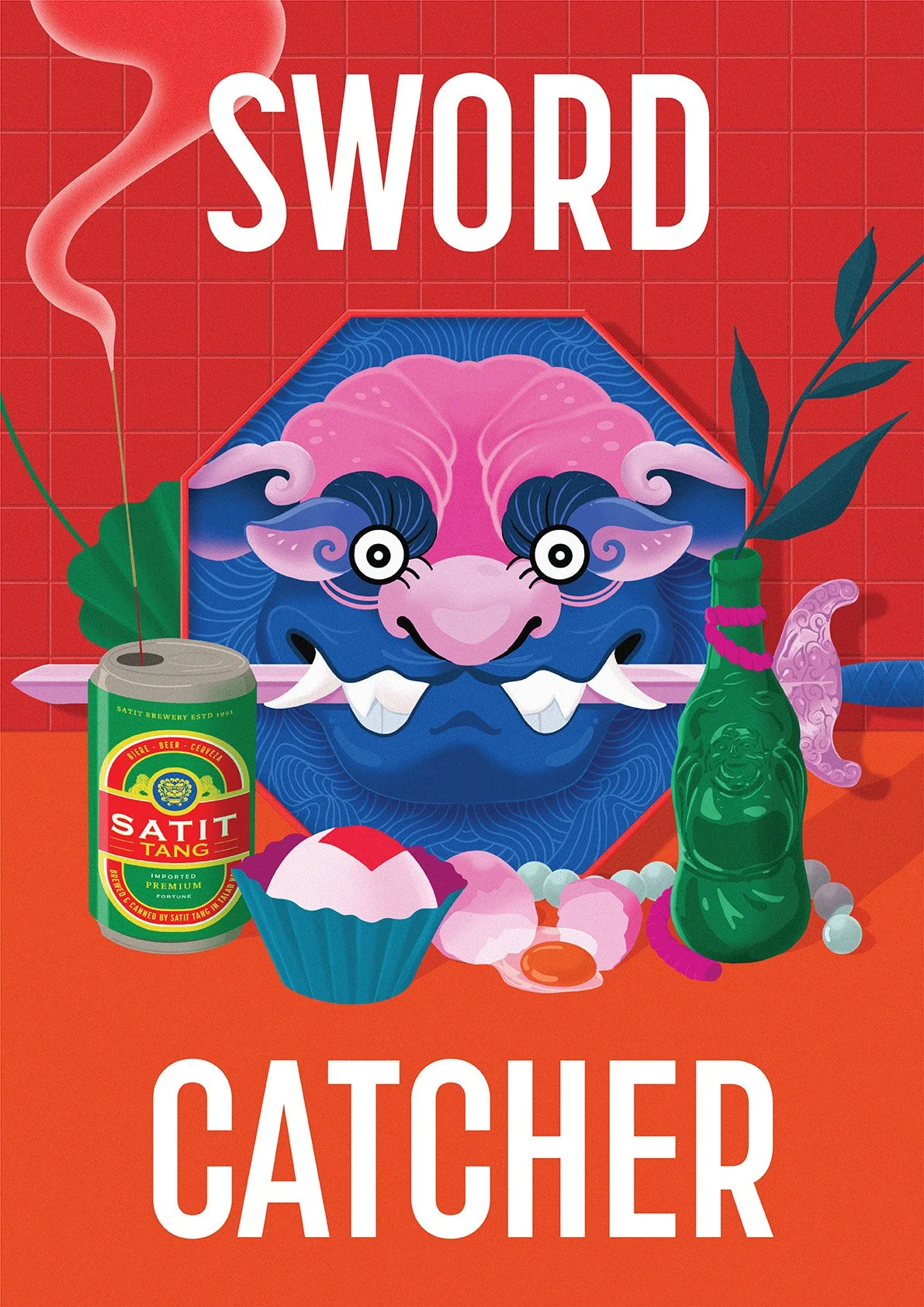 Book cover titled 'Sword Catcher' featuring a colorful, stylized Asian dragon head in the center with a red background and grid pattern, surrounded by objects like a green bottle with leaves, a can, candies, and a bowl.