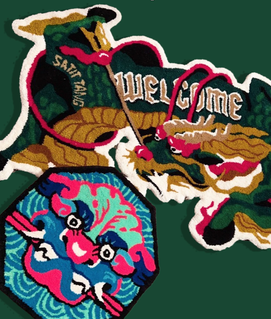 Colorful embroidered patch depicting a Chinese dragon in blue and pink, with a phoenix and the words 'WELCOME' and 'SAM T' on a dark background.
