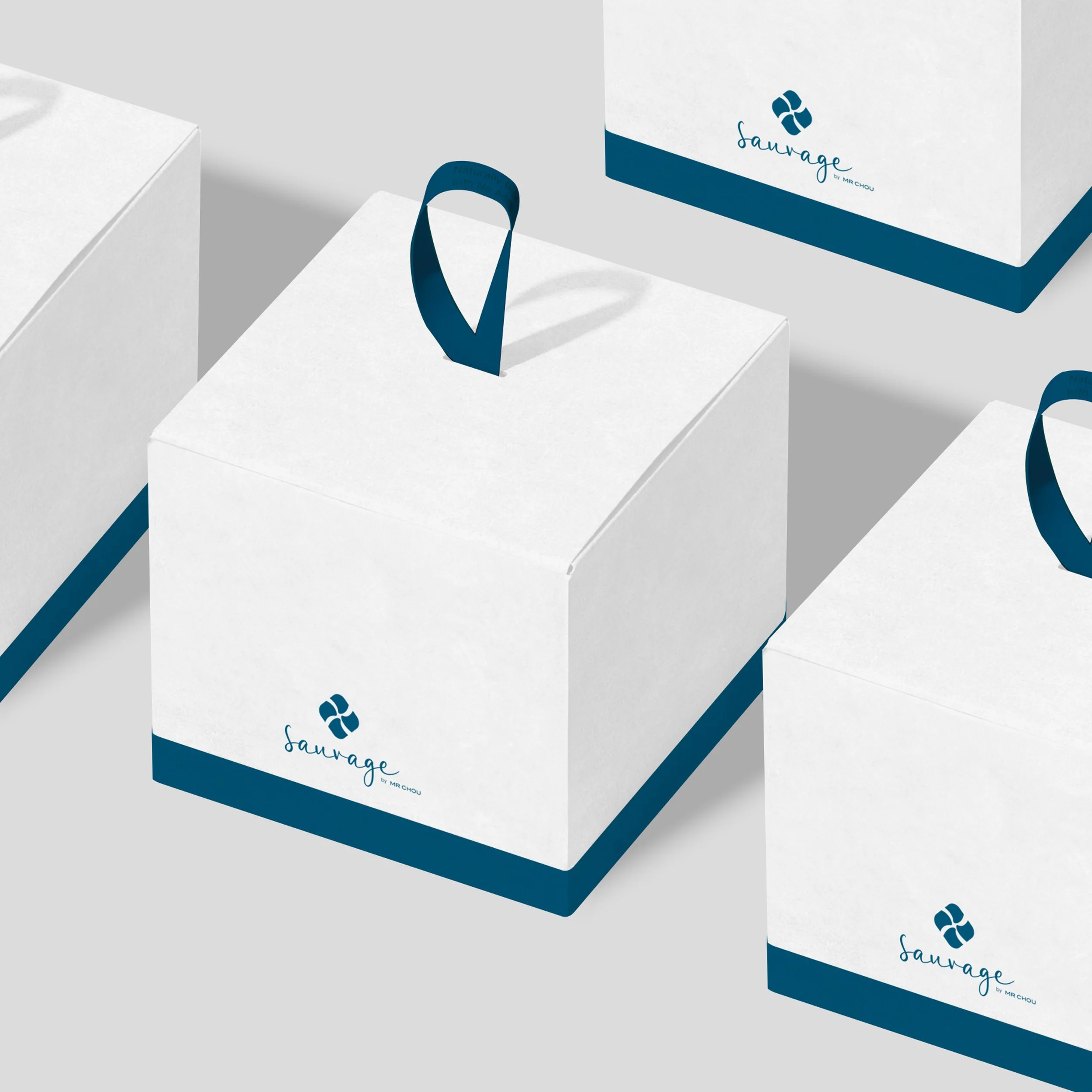 White boxes with navy blue handles and branding for 'sauvage by MR CHOU' on the front, arranged on a light gray surface.