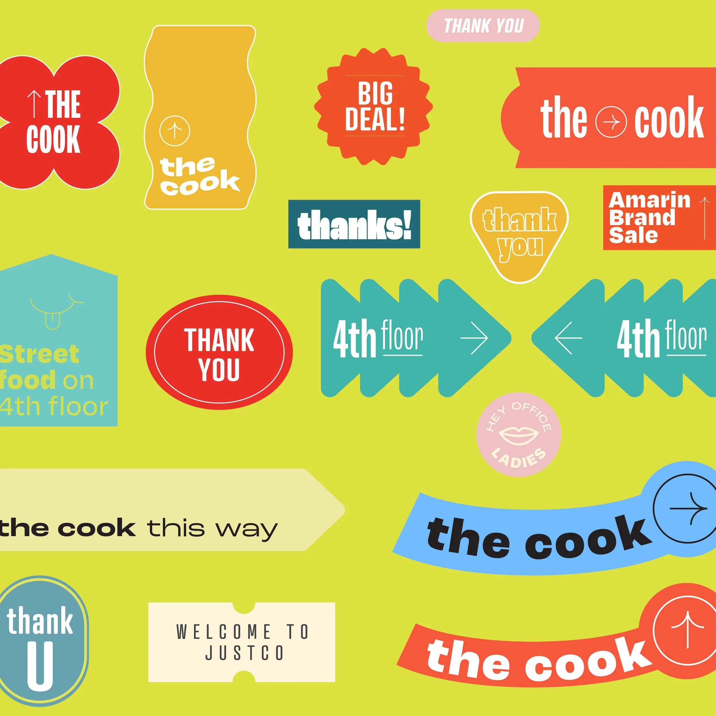 Collection of colorful stickers and signs with various phrases including "the cook," "thank you," "BIG DEAL!" "thanks!" "Amarin Brand Sale," "Street food on 4th floor," "4th floor," and directional arrows, set against a bright yellow-green background.