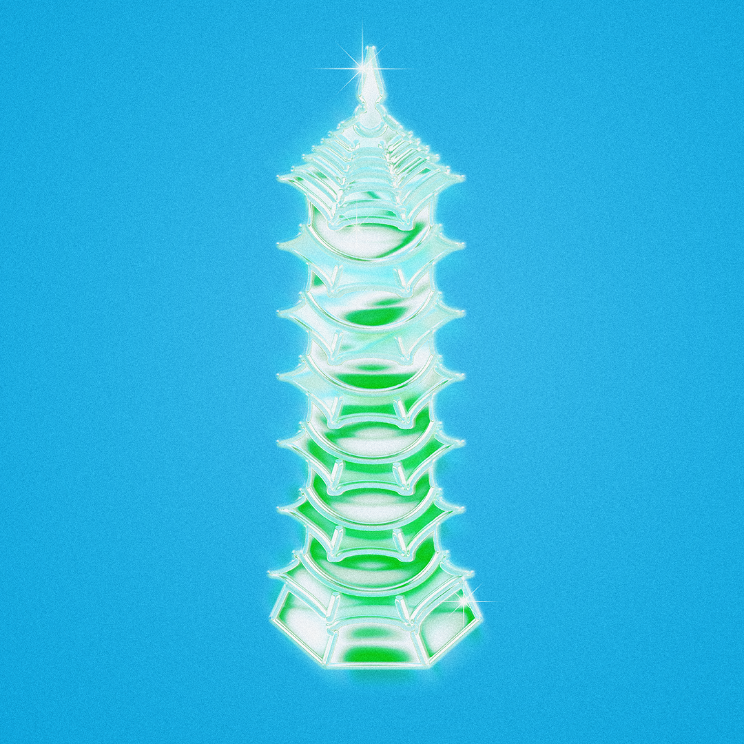 A glowing, stylized model of a centipede with multiple segmented body parts, illuminated in white and green, against a bright blue background.
