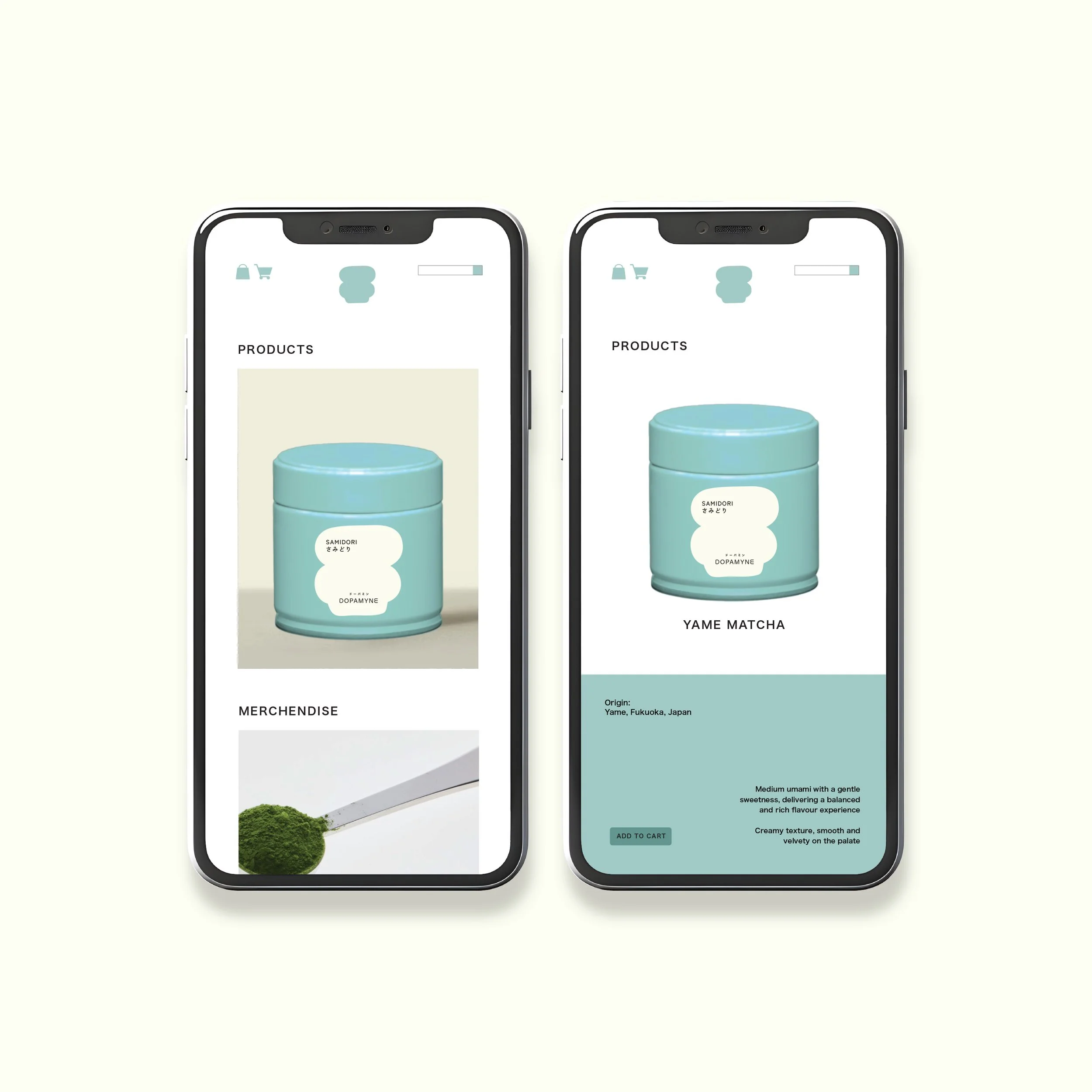 Two smartphones displaying an online store for matcha products. The left phone shows a product image of a blue container with a label, along with a 'Merchandise' section featuring a scoop of matcha. The right phone shows a detailed view of the same blue container labeled 'Yame Matcha' with product description and an 'Add to Cart' button.