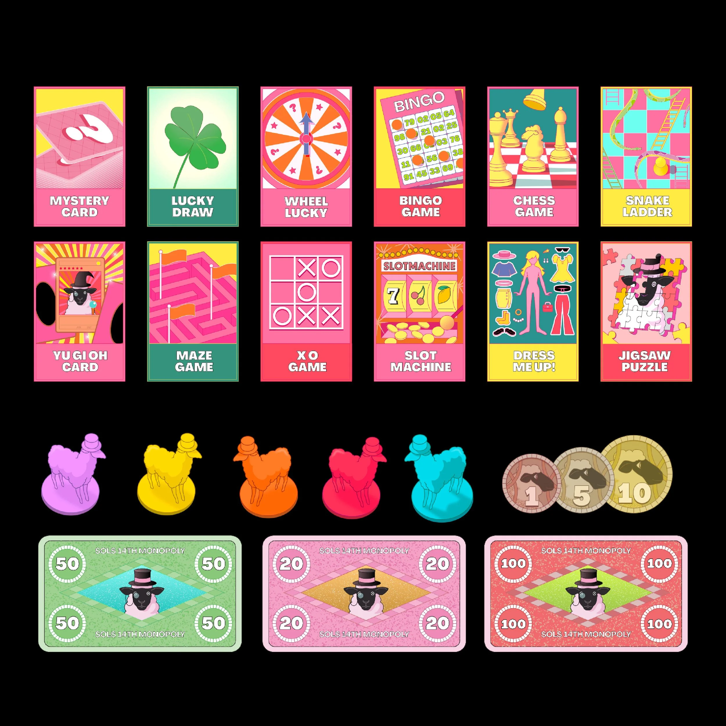 Collection of colorful board game and puzzle cards, including Mystery Card, Lucky Draw, Wheel Lucky, Bingo Game, Chess Game, Snake Ladder, Yu-Gi-Oh! Card, Maze Game, X O Game, Slot Machine, Dress Me Up, Jigsaw Puzzle, and three Monopoly bills and tokens on a black background.