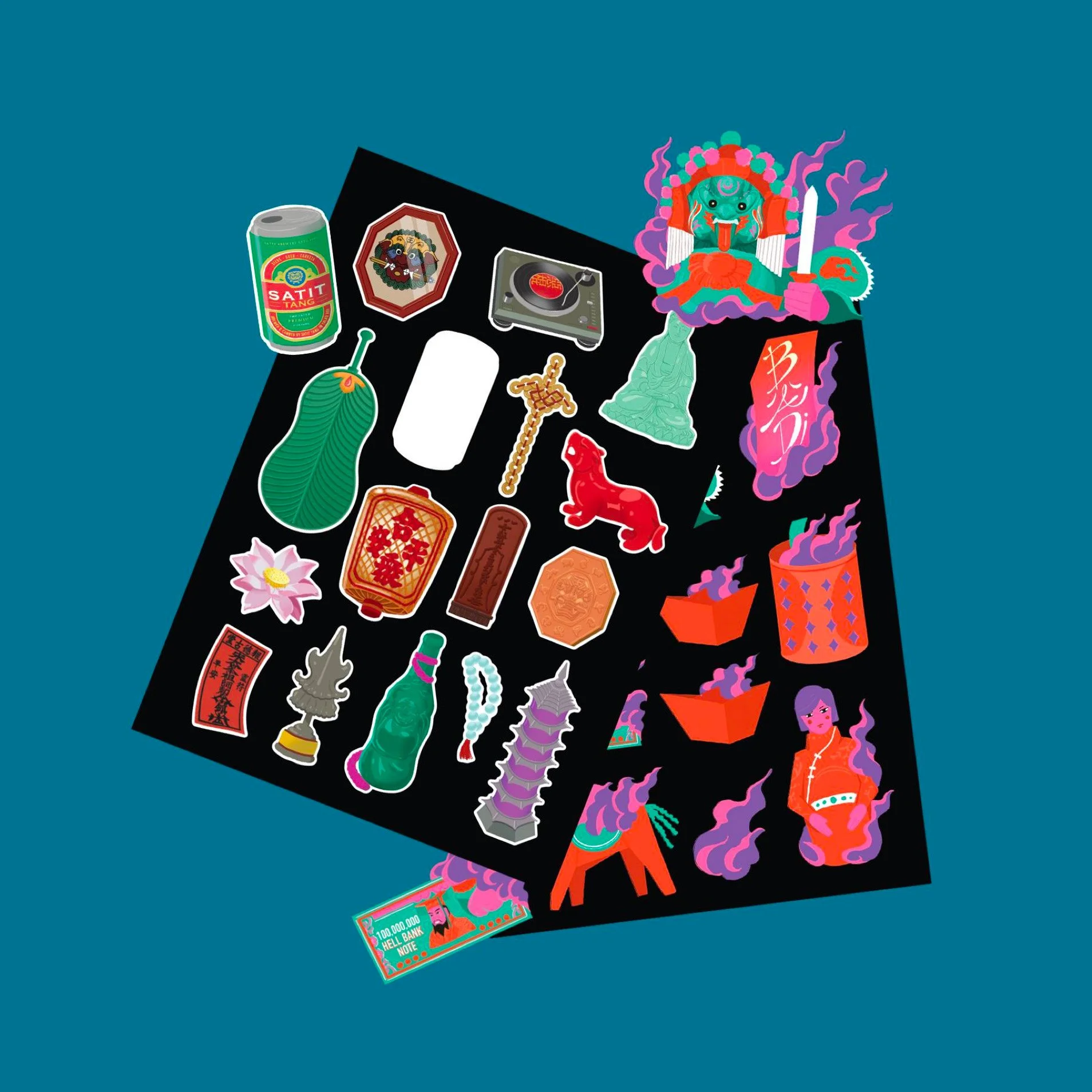 A collection of colorful stickers on a black surface, including characters, objects, and symbols with Asian and cultural motifs.