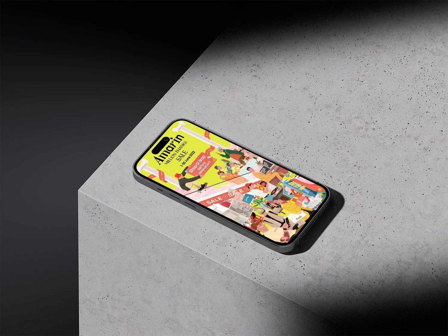 Smartphone displaying an advertisement for a clearance sale at Amarin shopping mall, with colorful graphics and shoppers.