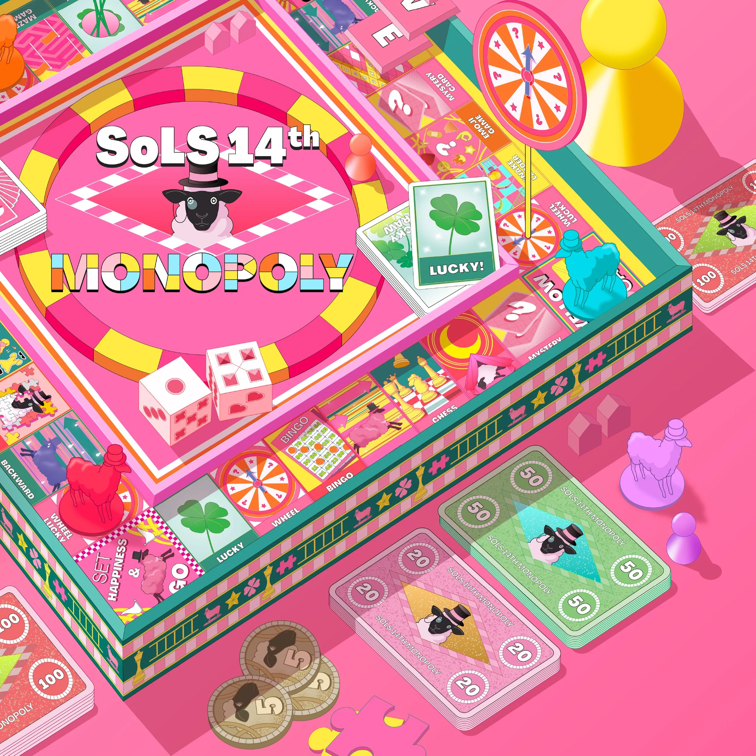 Colorful Monopoly board game with pink background, featuring game pieces shaped like sheep, money, and chance cards. The game is set for Sols 14th Monopoly, with various game tokens, cards, and money scattered around.