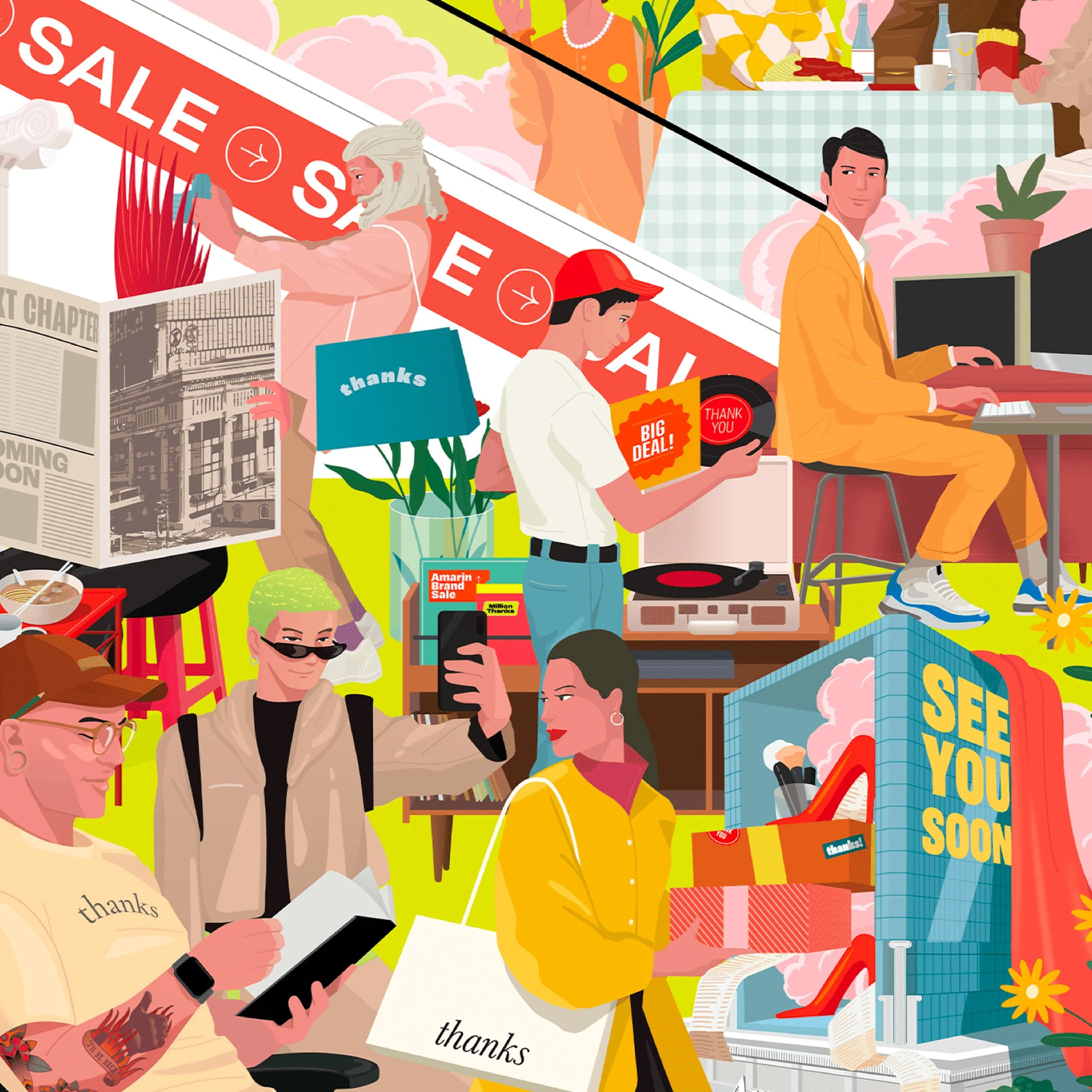 A colorful illustration of people shopping and celebrating an sale event, with signs reading 'SALE,' 'THANKS,' and 'SEE YOU SOON,' various shopping items, and a person DJing.