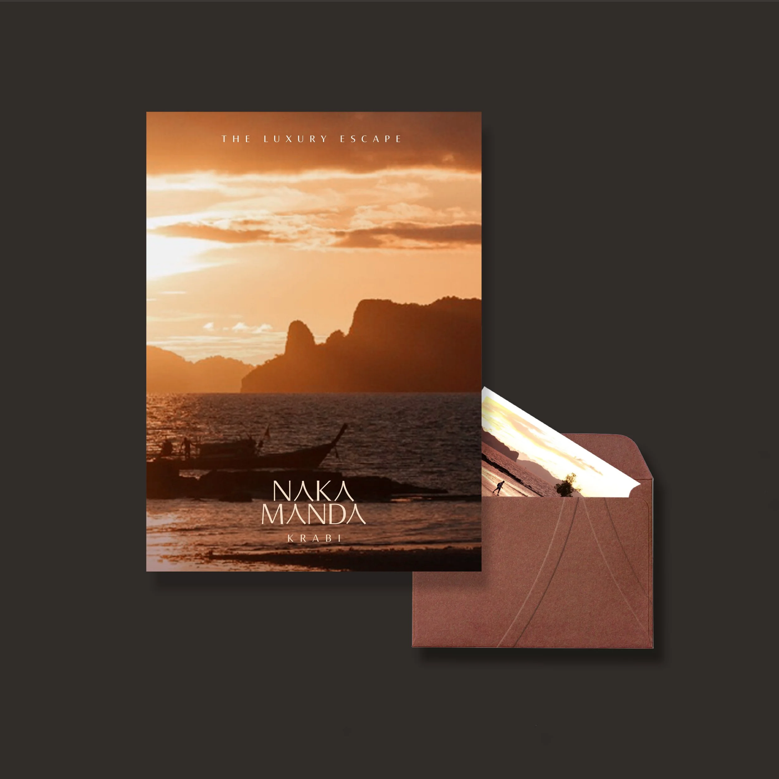 Travel brochure featuring a sunset over the ocean, with a silhouette of a boat and islands in the background, titled 'The Luxury Escape' and 'Naka Manda Krabi'.