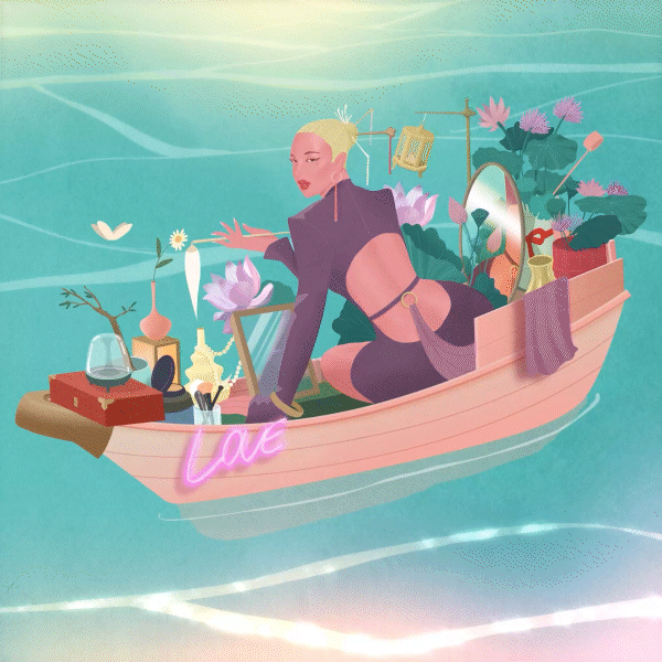 A woman with blonde hair in a bun, wearing a purple outfit, kneels in a boat filled with flowers, bottles, and personal items on calm water.